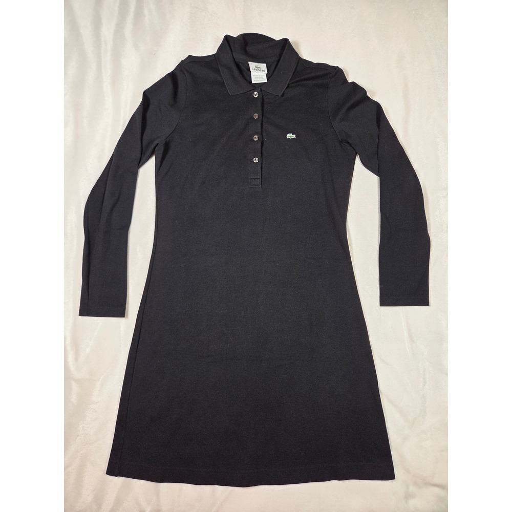 Lacoste Black Long Sleeve Polo Dress Women M Stretch Pique Crocodile Y2K